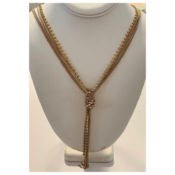 Vintage Gold Tone Rhinestone Chain Lariat Tassel Necklace: 5 Strand Multi Chain - Picture 9 of 12